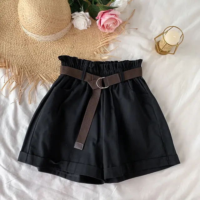 College Style High Waist Was Thin And Versatile Wide Leg Shorts Black - Shop at LoveMi