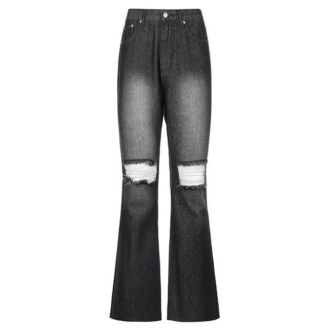 Women's Jeans High Waist Blue Ripped Straight Flared Pants Trousers Black - Shop at LoveMi