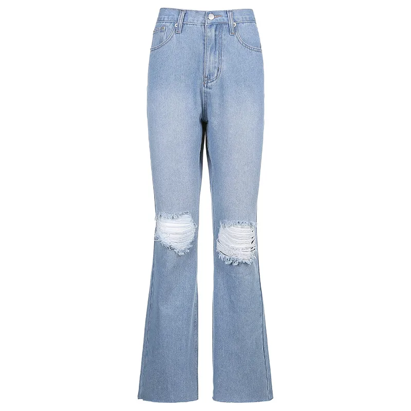 Women's Jeans High Waist Blue Ripped Straight Flared Pants Trousers - Light Blue
