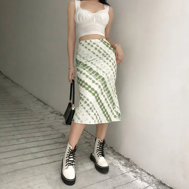 European And American Tie dye High Waist Slim Wrap Hip Skirt Green - Shop at LoveMi
