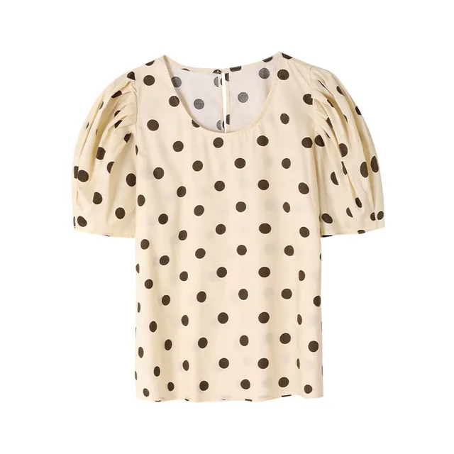 Short sleeved Female Polka Dot Floral Korean Style Age reducing Shirt Loose Puff Sleeves Apricot - Shop at LoveMi