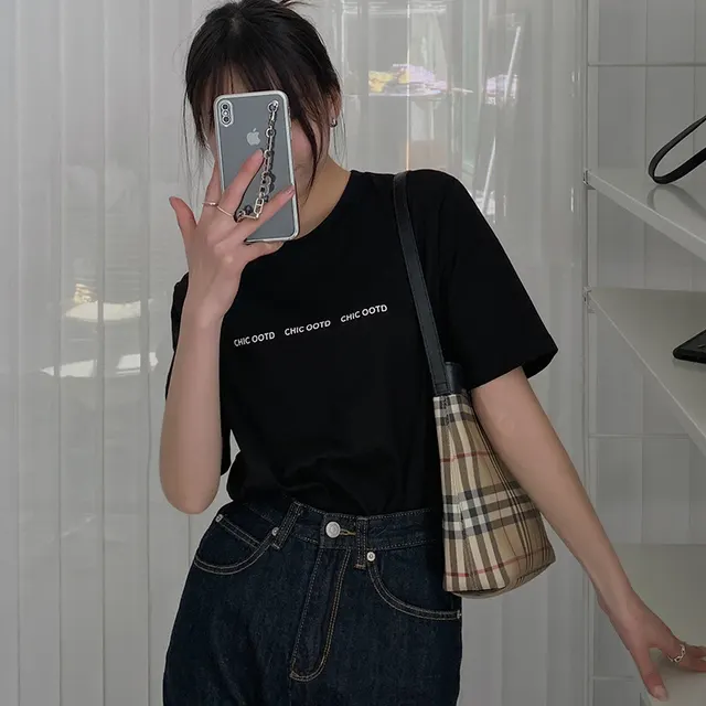 Simple Round Neck Loose Letter Print Short Sleeve T shirt For Female Blogger Black - Shop at LoveMi