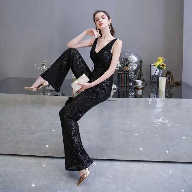 Fashionable Temperament Dress Waist Slim Jumpsuit Wide leg Pants Ladies Party Annual Meeting Evening Dress Black - Shop at LoveMi