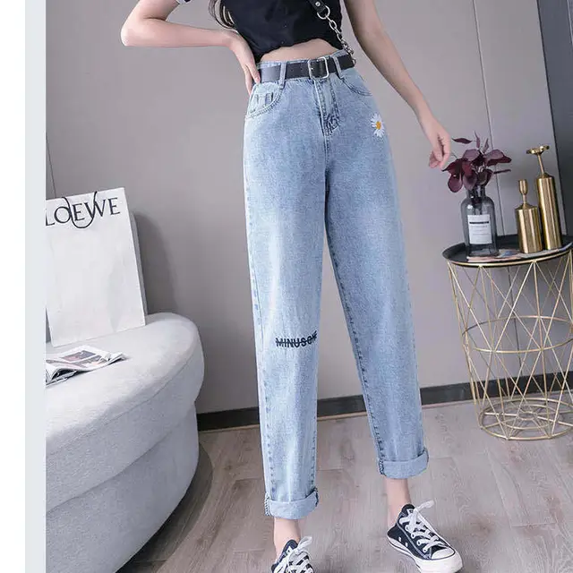 Embroidered Daisy Ripped Jeans Women Loose Cropped Trousers Blue - Shop at LoveMi