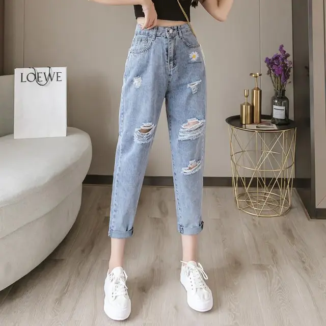 Embroidered Daisy Ripped Jeans Women Loose Cropped Trousers Trousers - Shop at LoveMi