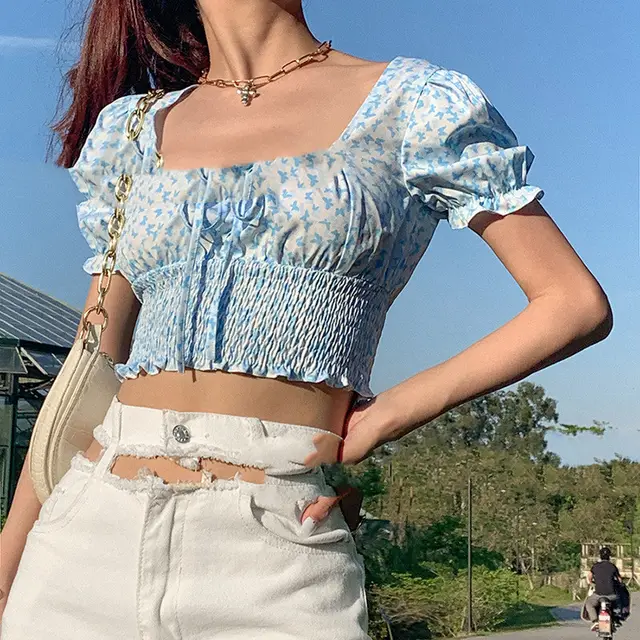 Butterfly Print Square Neckline Drawstring Princess Sleeve Crop Top Blue - Shop at LoveMi