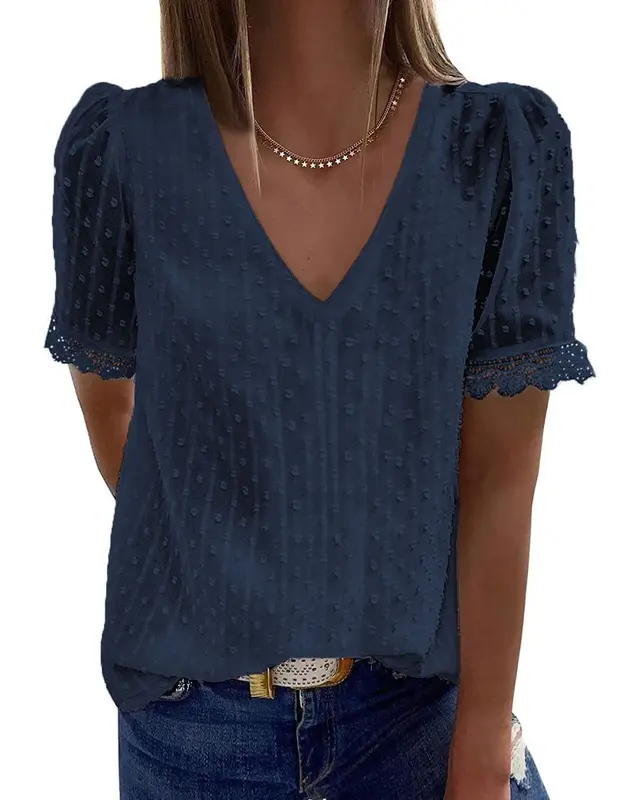 Pure Color Simple Chiffon Shirt Deep V Neck Short Sleeved T Shirt Navy Blue - Shop at LoveMi