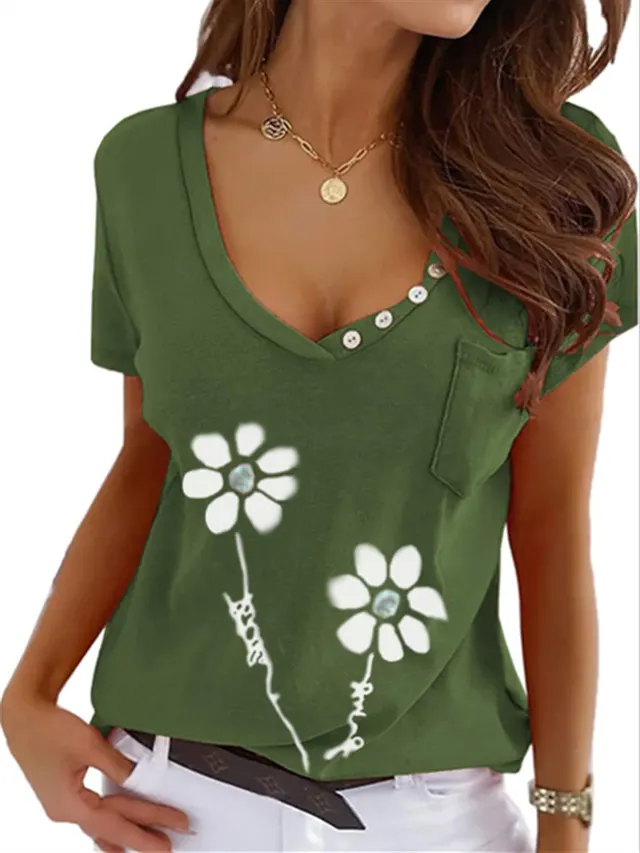 Women's V Neck Fashion Short Sleeve Floral Print Pocket T Shirt Green - Shop at LoveMi