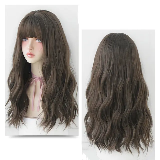Wig Female Long Hair Slightly Curly Wavy Natural Fluffy Full Top Hair Cover Cool Brown - Shop at LoveMi