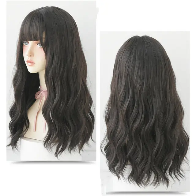 Wig Female Long Hair Slightly Curly Wavy Natural Fluffy Full Top Hair Cover Dark Brown - Shop at LoveMi