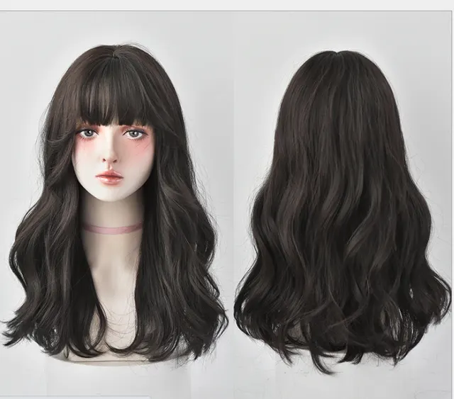 Natural Full Headgear Style Long Curly Hair With Air Bangs Black Tea 52Cm - Shop at LoveMi
