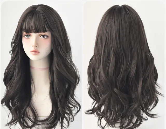 Bangs Net Red Round Face Big Waves Fluffy Full Head Black Tea 65Cm - Shop at LoveMi
