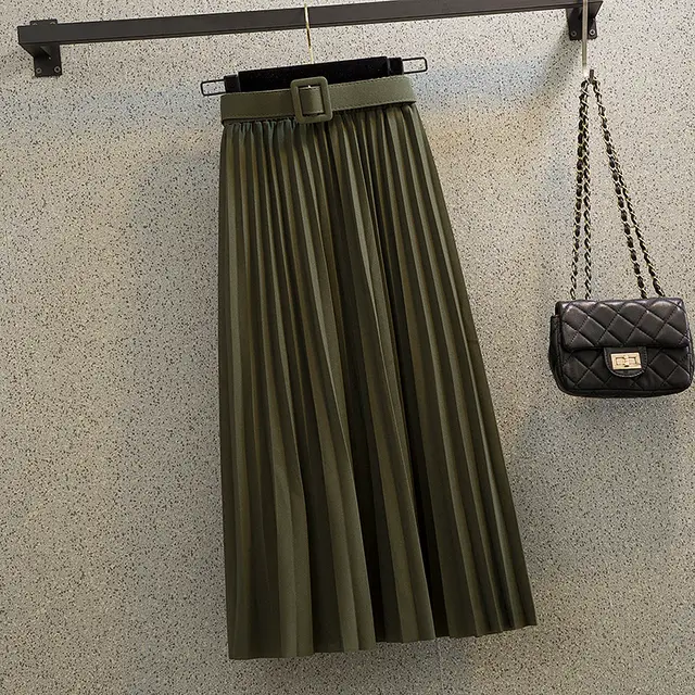 New Mid length And Thin A line Mori Girl Large Pleated High Waist Skirt Armygreen - Shop at LoveMi