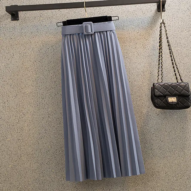 New Mid length And Thin A line Mori Girl Large Pleated High Waist Skirt Blue - Shop at LoveMi