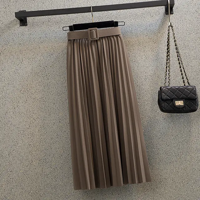 New Mid length And Thin A line Mori Girl Large Pleated High Waist Skirt Camel - Shop at LoveMi