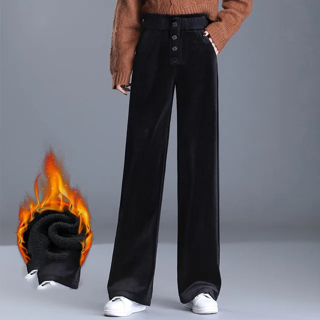Wide Leg Pants Women's Fall Winter High Waist Drape Straight And Mopping Loose Plus Velvet Pants Black - Shop at LoveMi