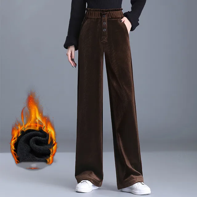 Wide Leg Pants Women's Fall Winter High Waist Drape Straight And Mopping Loose Plus Velvet Pants Brown - Shop at LoveMi
