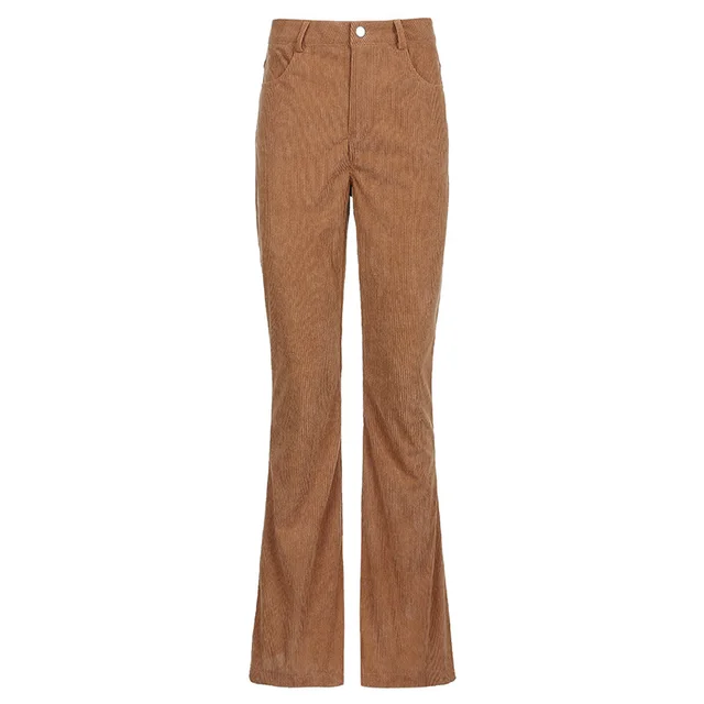 Corduroy Basic Casual Bell Bottom Pants Khaki - Shop at LoveMi