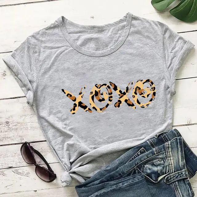 Valentine's Day New Leopard Print T shirt Round Neck Short sleeved Foreign Trade T shirt Grey - Shop at LoveMi
