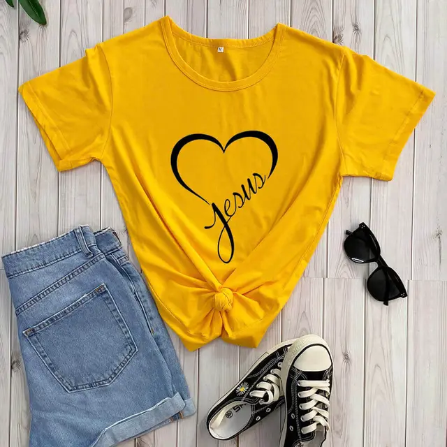 New Love Printing Fashion Round Neck Foreign Trade T shirt Yellow - Shop at LoveMi