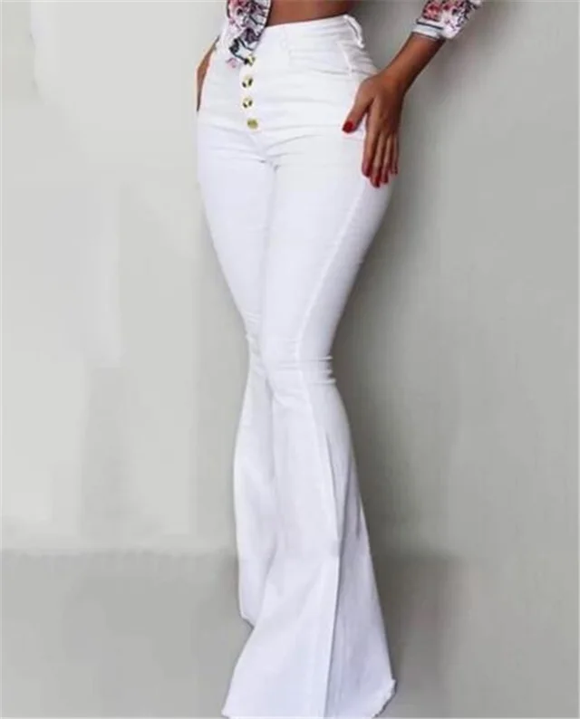 Buttoned Bell Bottom High Waist Pants Women Solid Slim Fit White Flare Pants Summer Elegant Workwear Patalon Femme White - Shop at LoveMi
