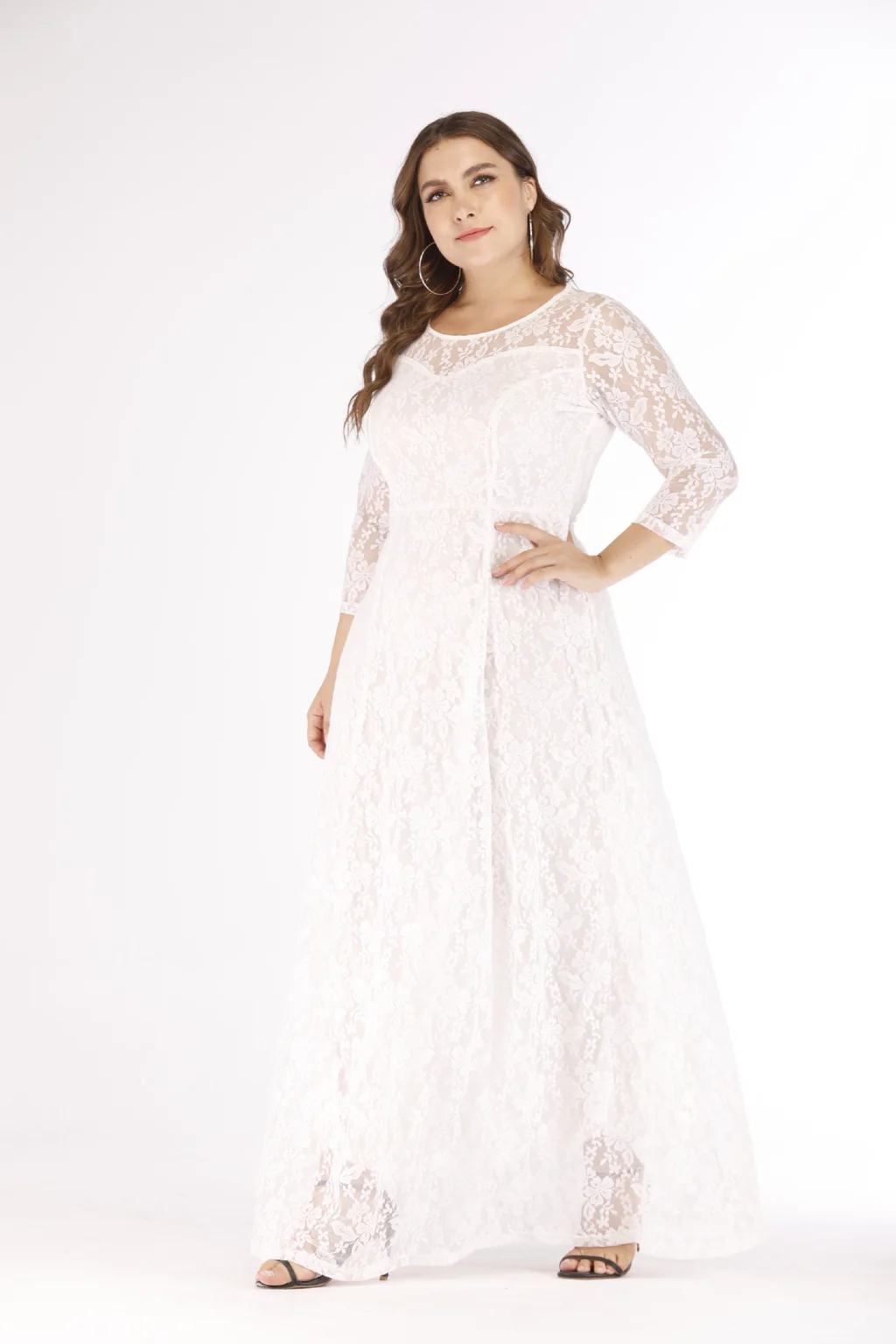 Sleeve Long Skirt Middle East Lace Dress - White