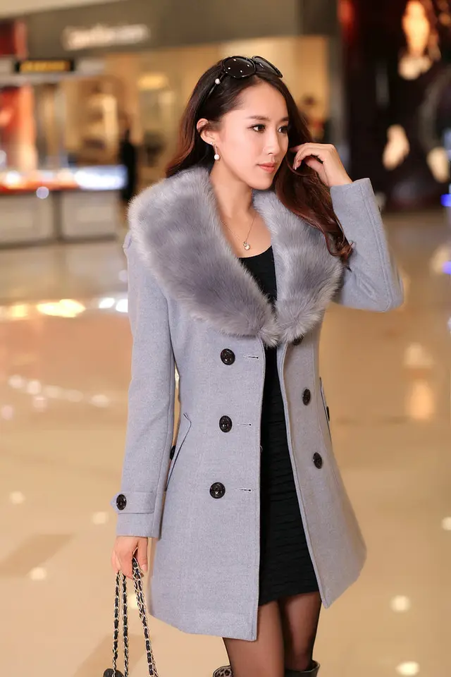 Mid length Winter Coat With Woolen Collar And Double breasted Coat Gray - Shop at LoveMi