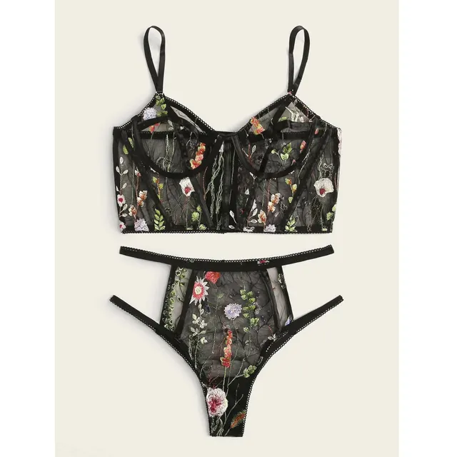 Sexy Lingerie Women Underwear Set Mesh See through Floral Embroidery Bra Set Ladies Temptation Seamless Bra And Brief Sets Black - Shop at LoveMi