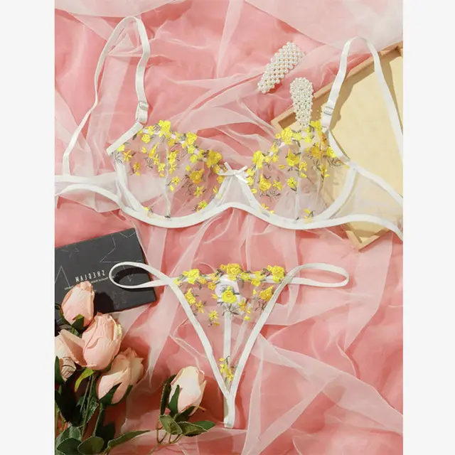Underwear Floral Embroidery Erotic Lingerie Set Yellow - Shop at LoveMi