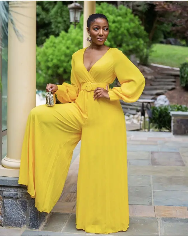 Jumpsuit V neck Lantern Sleeve Mopping Pleated Wide Leg Pants Yellow - Shop at LoveMi