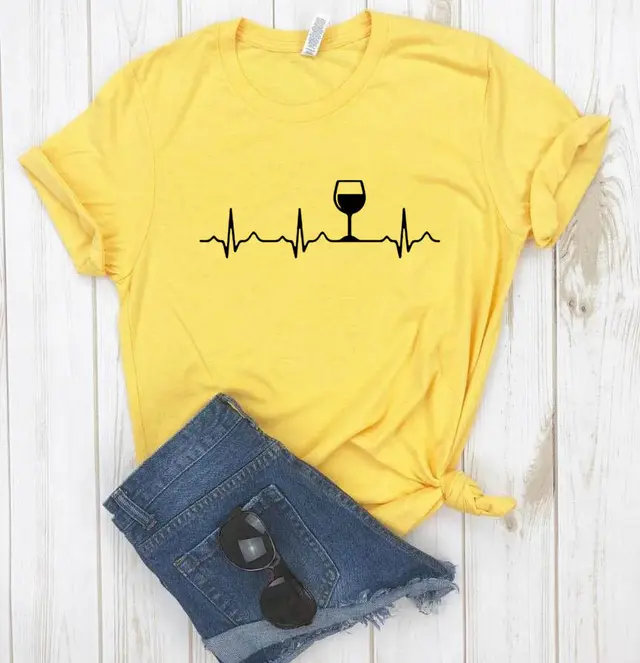 Electrocardiogram Wine Cup Printed Short Sleeved T Shirt Yellow - Shop at LoveMi
