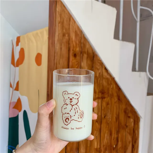 W&G Lovely Home Dormitory Commonly Used Girl Heart Heat resistant Milk Cover Cup Breakfast Transparent Brown Bear Straw Cup New Brown - Shop at LoveMi