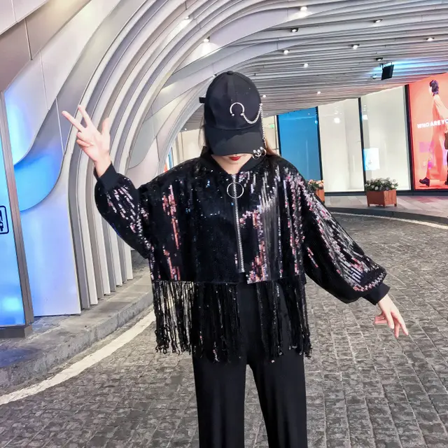 Heavy Industry Sequined High Waist Long Sleeve Short Jacket Fringed Top Black - Shop at LoveMi