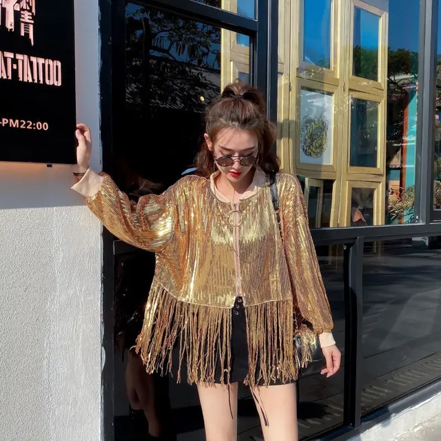 Heavy Industry Sequined High Waist Long Sleeve Short Jacket Fringed Top Gold - Shop at LoveMi