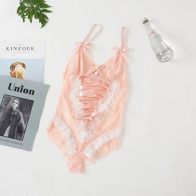 Bed Lace trimmed Lace trimmed Cross tie And Tender Bodysuit Pink - Shop at LoveMi