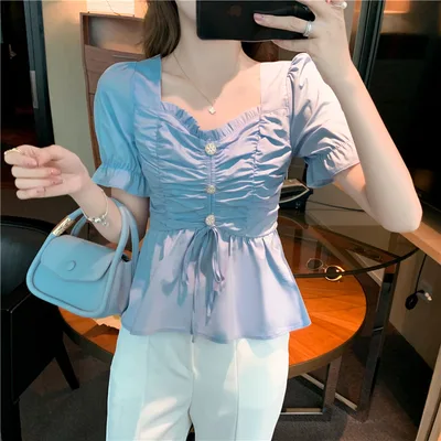 Fashion Korean Version Waist Close Thin Bandage Short Shirt Blue - Shop at LoveMi