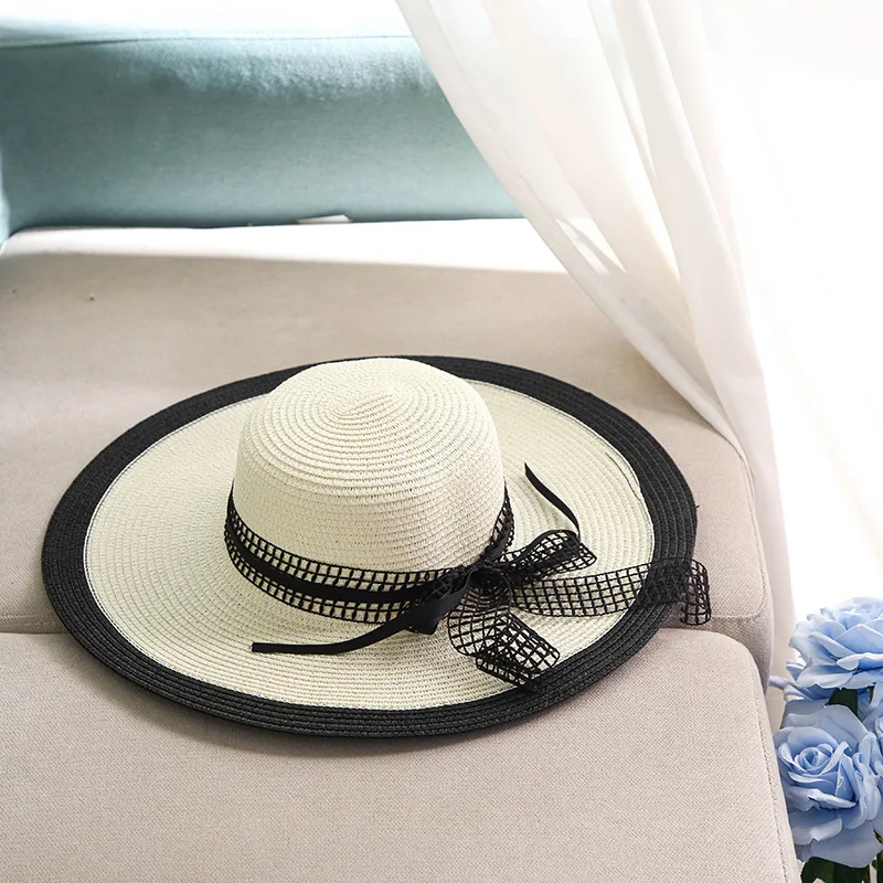 Fashion Hepburn Hat Wind Black White Striped Bowknot Summer Sun Hat Beautiful Women Straw Beach Hat Wide Brim Cap Beige - Shop at LoveMi