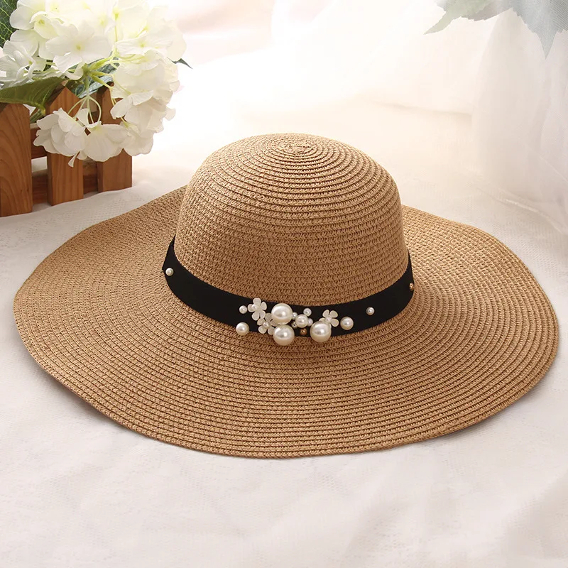Big Brimmed Hat Beach Sunscreen Foldable Straw Hat With Pearl Rivets Khaki - Shop at LoveMi