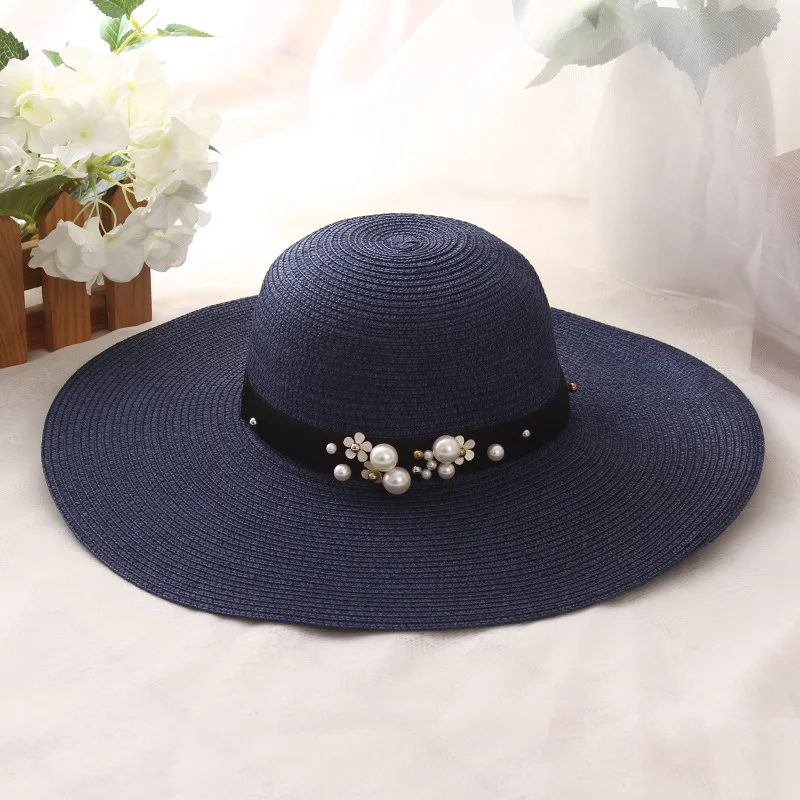 Big Brimmed Hat Beach Sunscreen Foldable Straw Hat With Pearl Rivets Navy Blue - Shop at LoveMi