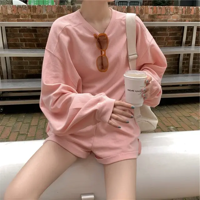 Autumn Suit Women's Long sleeved Sweater Casual Shorts Two piece Suit For Small Students Pink - Shop at LoveMi