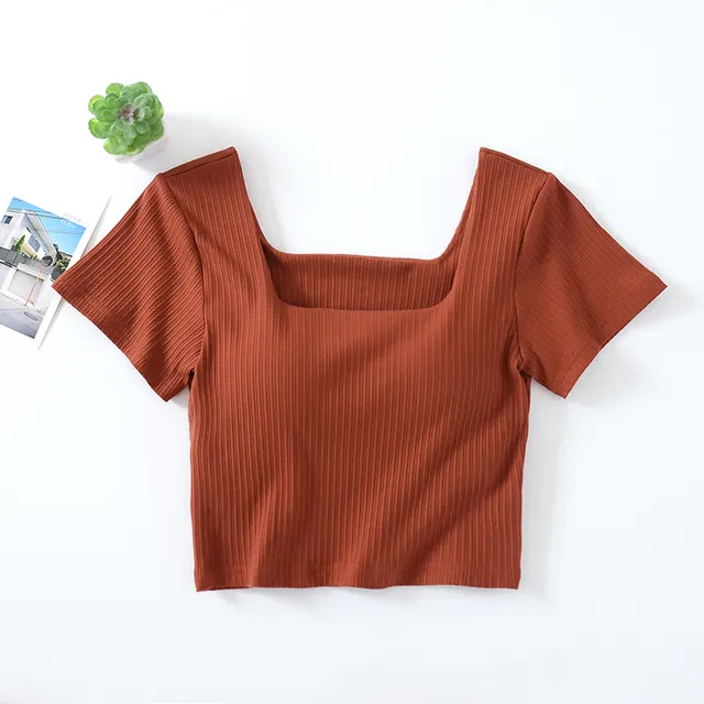 High waisted T shirt Women's Short sleeved Shirt With Umbilical Display Brick Red - Shop at LoveMi