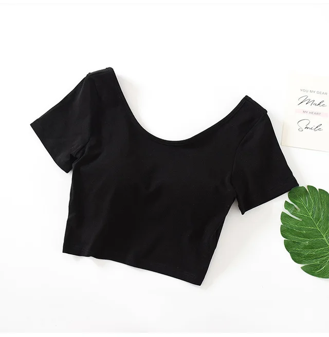 Comes With Chest Pad, Short Sleeved, High Waist, Big Round Neck T Shirt, Women's Non Wireless Cup And Bra Bottoming Shirt Black - Shop at LoveMi