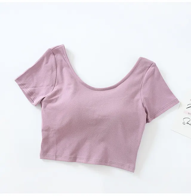 Comes With Chest Pad, Short Sleeved, High Waist, Big Round Neck T Shirt, Women's Non Wireless Cup And Bra Bottoming Shirt Light Purple - Shop at LoveMi