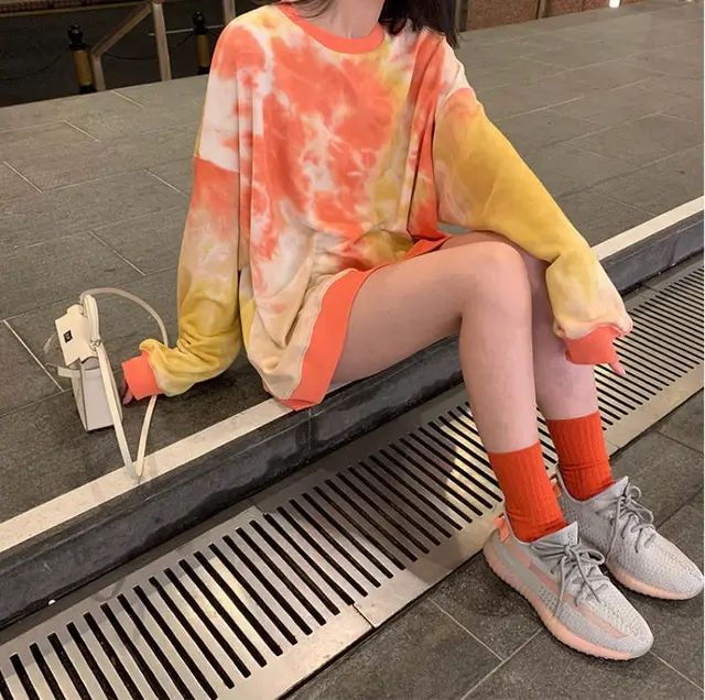 Matsumoto Funeral High Street Style Tie Dye Sweater Women's Early Autumn New Loose Long Sleeved Jacket Orange - Shop at LoveMi