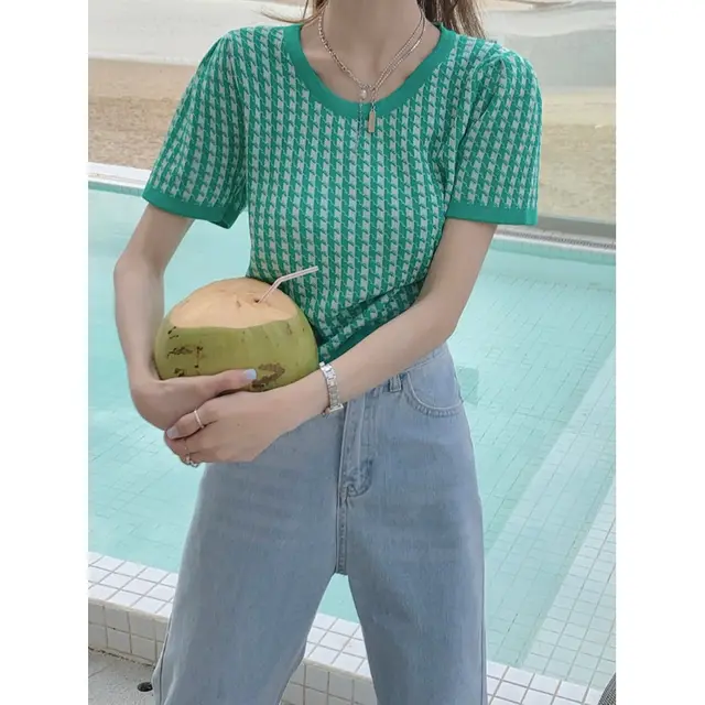 Knitted Top Women's Retro Houndstooth Short Sleeved T Shirt New Summer High Waist Navel Short Half Sleeved Ins Tide Blue - Shop at LoveMi