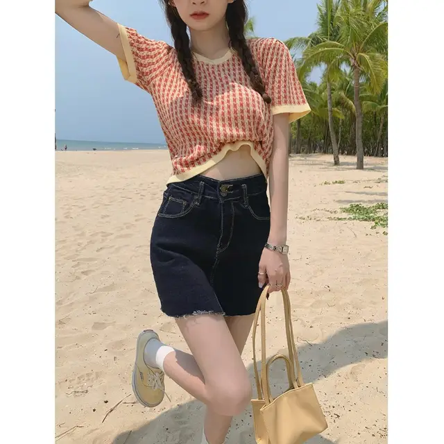 Knitted Top Women's Retro Houndstooth Short Sleeved T Shirt New Summer High Waist Navel Short Half Sleeved Ins Tide Pink - Shop at LoveMi