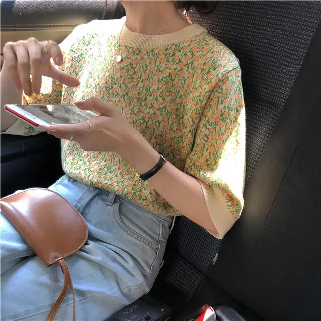 Early Spring New Style Sweet Little Flowers Wild Embroidery Short sleeved Sweater Photo Color - Shop at LoveMi