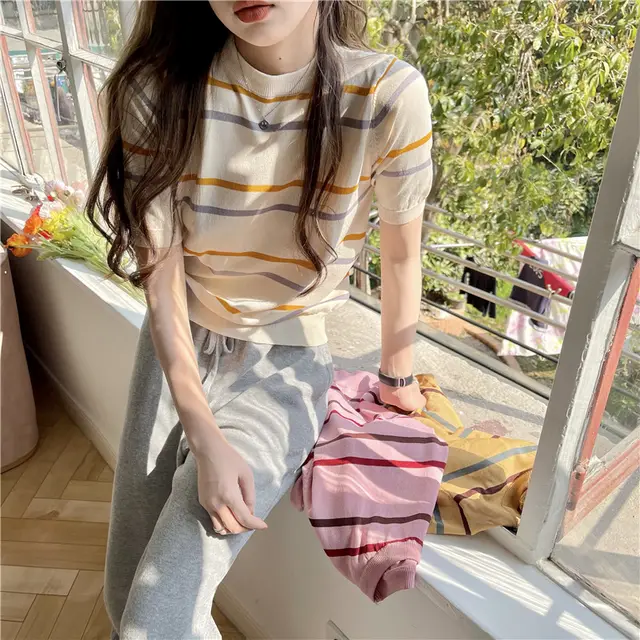 Icy Colored Pinstripe Ice Silk Sweater Apricot - Shop at LoveMi