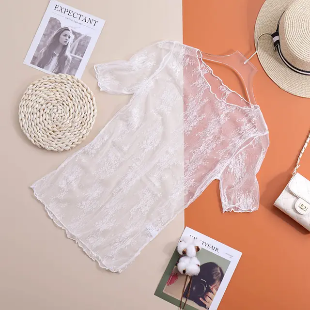 Lace Bottoming Shirt Women's Short sleeved Inner Mesh Thin Half sleeved Hollow Transparent Top White - Shop at LoveMi