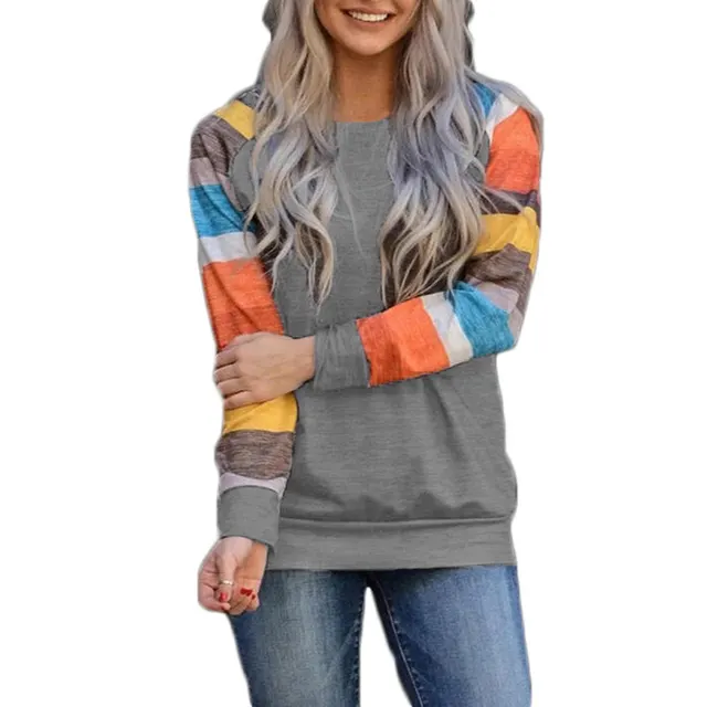 Striped Hit Color Casual Round Neck Long sleeved T shirt Grey - Shop at LoveMi